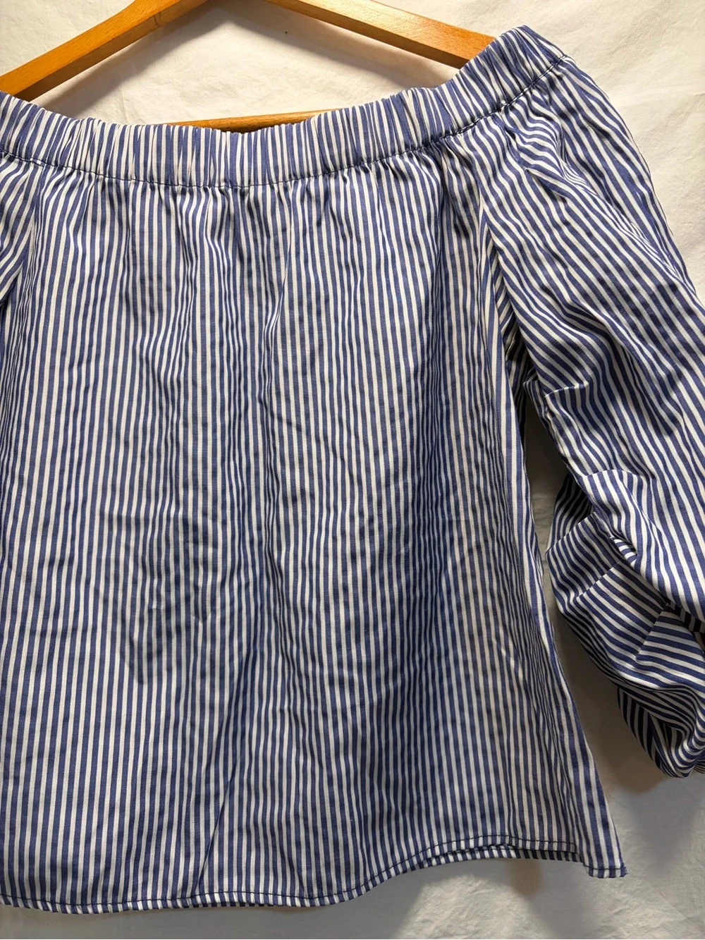 Zara Blue and White Striped Off-Shoulder Blouse
